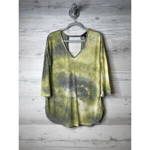 Tribal Shirt Womens Large Yellow‎ Gray Abstract Print 3/4 Sleeve Pullover Top